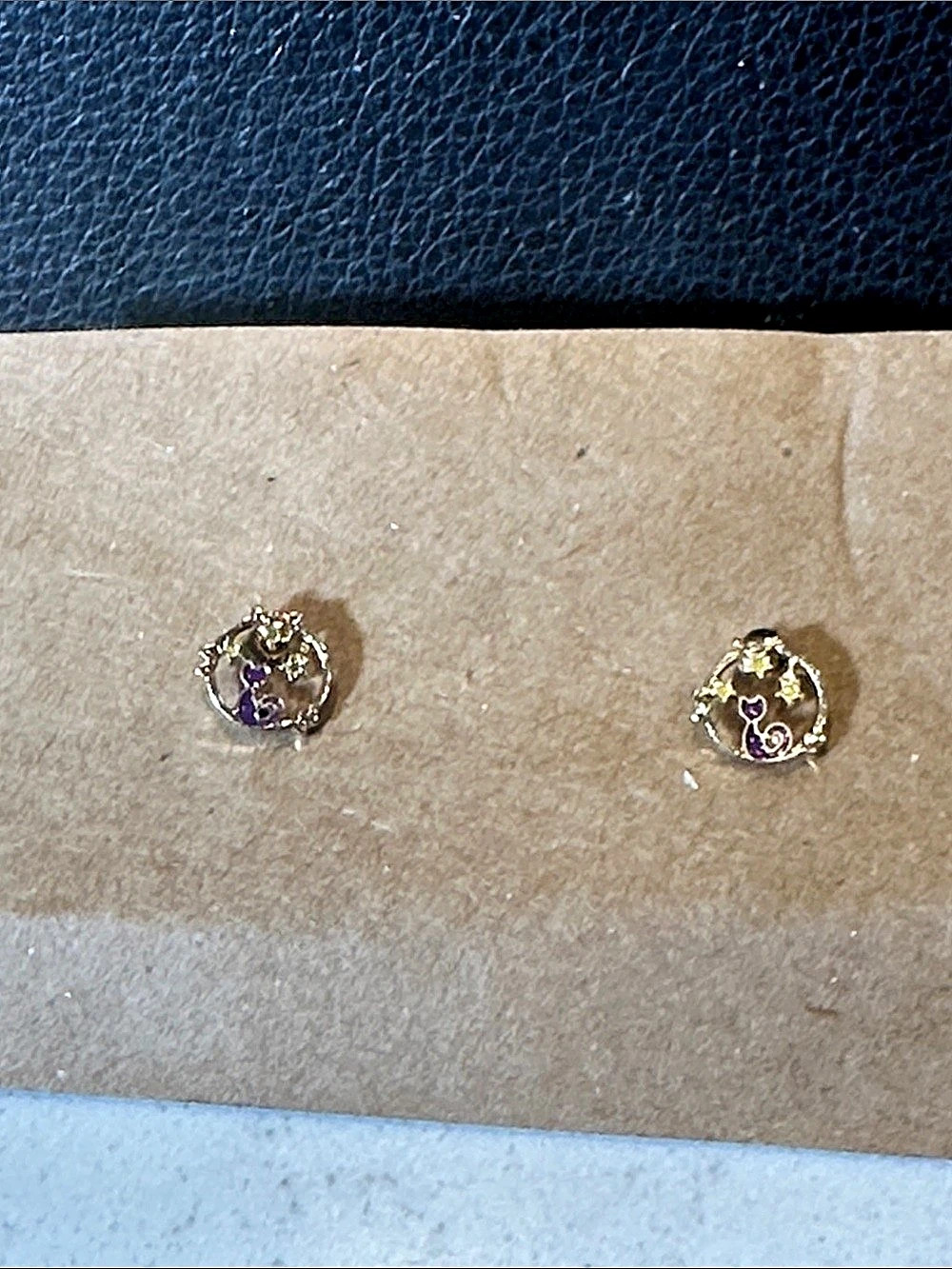 Purple & Gold Cat Stud Earrings Like New